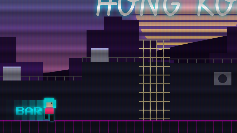 Neon Glide: Vapor City gameplay — the runner crossing neon Hong Kong rooftops